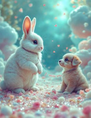 The primary subject of the image is a large white bunny standing next to a small brown and white puppy. The setting is a pink and white cloudy background, which adds a whimsical and playful atmosphere to the scene. The visual style appears to be a combination of photo and digital art, creating a unique and charming illustration. The dominant colors are pink, white, and light blue, which contribute to the overall mood of the image, which is warm, friendly, and inviting.