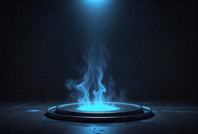 The primary subject of the image is a blue flame, which appears to be a blue fire or a blue light. The setting is a dark room, and the visual style is a digital art or illustration. The dominant colors are blue and black, creating a moody and dramatic atmosphere.