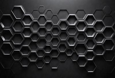 The primary subject of the image is a black and white pattern of hexagons. The setting is a black background, and the visual style appears to be a digital art or illustration. The dominant colors are black and white, creating a bold and striking pattern. The overall atmosphere of the image is modern and minimalist.
