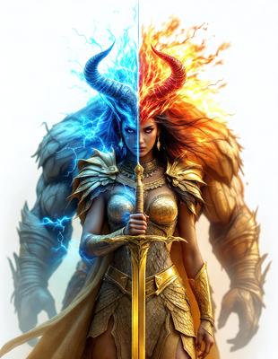 The primary subject of the image is a woman dressed in a gold and yellow outfit, holding a sword. She is standing in front of a backdrop featuring a blue and red devil. The visual style of the image is digital art, and the colors and mood are dominated by gold, yellow, and red, giving the scene a warm and vibrant atmosphere.
