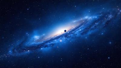 The primary subject of the image is a large, blue spiral nebula with a bright, round object in the center. The setting is a dark, star-filled sky, and the visual style is a combination of a photo and digital art. The colors and mood of the image are predominantly dark and dramatic, with the bright nebula and round object standing out against the backdrop of the night sky.
