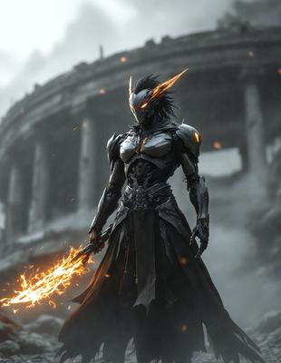 The primary subject of the image is a character dressed in a black and silver costume, holding a sword. The character appears to be a warrior or a demon, with a menacing and powerful presence. The setting is a dark and ominous environment, with a large building in the background. The visual style of the image is a digital art or illustration, with a focus on the character and the sword. The colors and mood of the image are dark and intense, with a sense of danger and conflict.