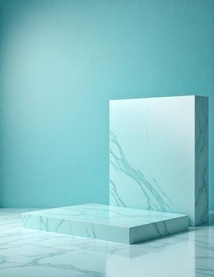 The primary subject of the image is a white marble block, which is the main object in the scene. The setting is a blue wall, providing a contrasting backdrop. The visual style is a photo, capturing the marble block in its natural environment. The colors and mood of the image are predominantly blue, creating a calm and serene atmosphere.