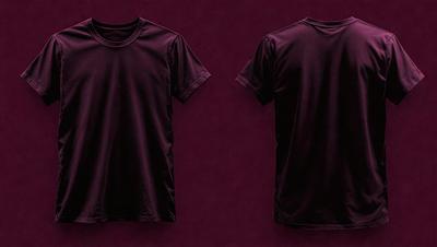 The primary subject of the image is a black t-shirt. The setting is a purple background, which creates a contrasting and visually appealing scene. The visual style is a close-up of the t-shirt, showcasing its design and texture. The colors and mood of the image are predominantly dark, with the black t-shirt and purple background creating a moody and dramatic atmosphere.