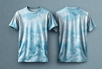 The primary subject of the image is a blue shirt with a cloud pattern on it. The shirt is displayed in two different positions, one on the left side and the other on the right side of the image. The setting is a blue background, which complements the shirt's color. The visual style is a combination of a photo and digital art, as the shirt's pattern appears to be digitally created. The colors and mood of the image are predominantly blue, creating a calm and relaxed atmosphere.