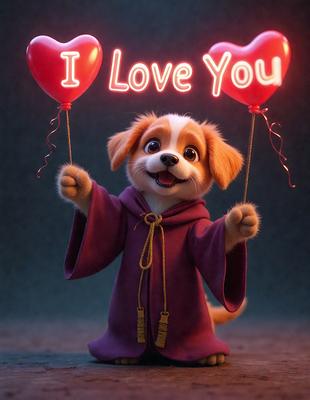 The primary subject of the image is a stuffed dog holding a heart-shaped balloon. The setting is a dark room, and the visual style appears to be a digital art or illustration. The colors are predominantly red and purple, creating a warm and loving atmosphere.