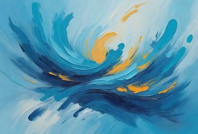 The primary subject of the image is a painting of a blue ocean with yellow and orange swirls. The setting is a blue background, and the visual style appears to be a digital art or illustration. The dominant colors in the painting are blue, yellow, and orange, creating a vibrant and lively atmosphere.