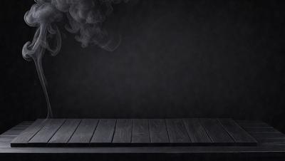 The primary subject of the image is a wooden bench with a black background. The setting is a dark room, and the visual style is a photo. The colors and mood of the image are dark and moody, with the smoke creating a dramatic atmosphere.