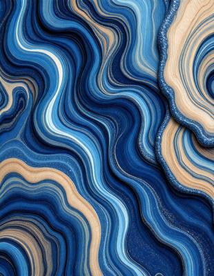 The primary subject of the image is a blue and white patterned surface, which appears to be a piece of art or a decorative item. The setting is a blue background, which complements the blue and white pattern. The visual style of the image is a combination of digital art and illustration, creating a unique and eye-catching design. The colors and mood of the image are predominantly blue and white, giving it a calm and soothing atmosphere.