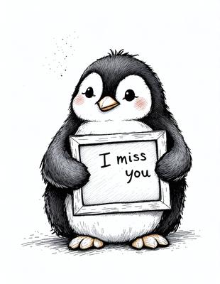 The image features a cute penguin holding a sign that says "I miss you." The penguin is standing on a white surface, which could be a piece of paper or a white background. The penguin appears to be a cartoon or a digital illustration, giving the scene a playful and heartwarming atmosphere.