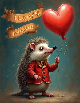 The primary subject of the image is a hedgehog wearing a red jacket and holding a red balloon. The setting is a painting, and the visual style is a digital art. The dominant colors are red and orange, creating a warm and cheerful atmosphere.