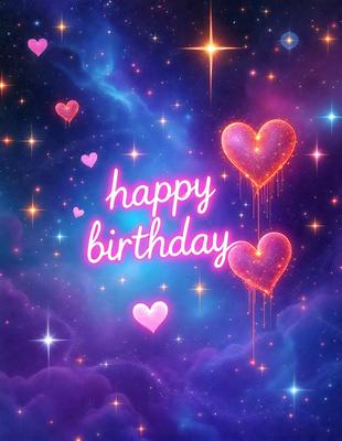 Happy Birthday: [The main object, scene, or focus of the image is a heart-shaped sign that says "Happy Birthday."]

Setting/background: [The background features a purple, star-filled sky.]

Visual style: [The image is a digital art or illustration.]

Colors and mood: [The dominant colors are purple and pink, creating a warm and celebratory atmosphere.]