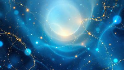 The primary subject of the image is a brightly lit, blue and yellow nebula. The setting is a dark, starry sky, with the nebula being the main focus of the image. The visual style is a combination of digital art and illustration, creating a vibrant and dynamic scene. The dominant colors are blue and yellow, giving the image a lively and energetic atmosphere.