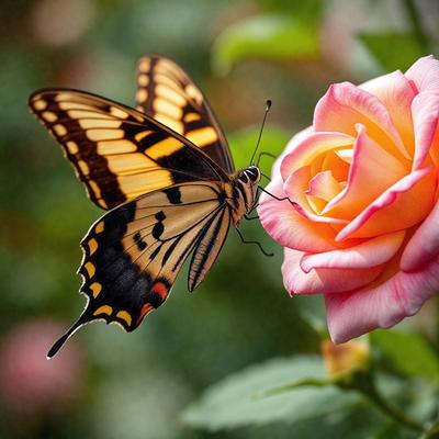 The primary subject of the image is a butterfly, which is captured in a close-up shot. The butterfly is hovering over a pink rose, with its wings spread out. The setting is a garden, and the visual style is a photo. The dominant colors in the image are pink and yellow, creating a warm and inviting atmosphere.