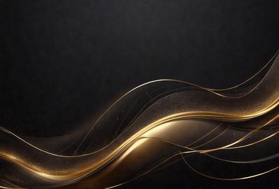 The primary subject of the image is a gold-colored wave or flow, which appears to be a digital art or illustration. The setting is a dark background, which contrasts with the gold color of the wave. The visual style gives the impression of a fluid, dynamic motion, and the colors and mood evoke a sense of elegance and sophistication.