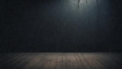 The primary subject of the image is a wooden floor with a black wall in the background. The setting appears to be a dark room, possibly a theater or a room with a black backdrop. The visual style of the image is a photo, capturing the wooden floor and the black wall. The colors in the image are predominantly black and brown, creating a moody atmosphere.