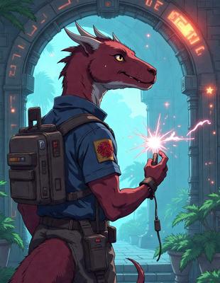 The primary subject of the image is a man wearing a blue shirt and a backpack. He is standing in front of a doorway, possibly in a forest or an outdoor setting. The visual style of the image is digital art, with a vibrant and lively atmosphere. The man is holding a lightning bolt, which adds a sense of excitement and energy to the scene.