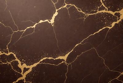 The primary subject of the image is a close-up of a marble wall with gold veins. The setting is a room with a brown color scheme. The visual style is a photo of the marble wall, showcasing the gold veins and the overall texture of the marble. The colors and mood of the image are warm and elegant, with the gold veins adding a touch of luxury and sophistication to the marble wall.