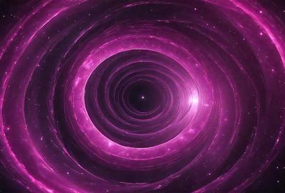 The primary subject of the image is a large, purple, spiral-shaped structure. The setting is a dark, space-like environment, with a black background. The visual style is a digital art or illustration, creating a unique and intriguing atmosphere. The dominant colors are purple and black, giving the image a mysterious and captivating mood.