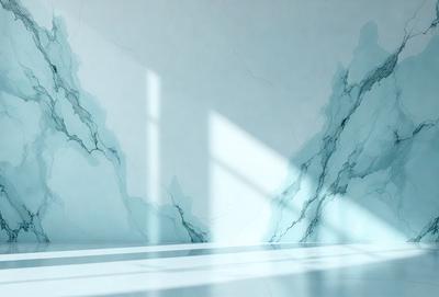 The primary subject of the image is a large, white marble wall with a blue-gray tint. The setting is a room with a window, and the visual style appears to be a photo. The colors and mood of the image are predominantly white and gray, with a hint of blue-gray, creating a clean and minimalist atmosphere.