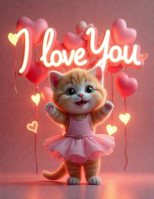 The primary subject of the image is a small, cute, and fluffy orange and white kitten. The kitten is standing on a pink surface, possibly a stage or a ballet floor, and is surrounded by numerous pink hearts. The hearts are scattered around the kitten, creating a visually appealing and playful scene. The overall atmosphere of the image is warm, cuddly, and joyful, as the kitten appears to be enjoying its time on stage.