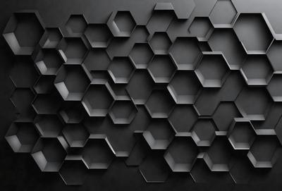 The primary subject of the image is a black and white patterned wall. The setting is a dark room, and the visual style is a close-up of the patterned wall. The dominant colors are black and white, creating a moody atmosphere.