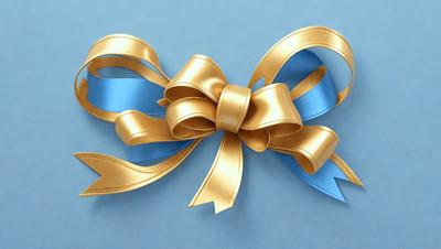 The primary subject of the image is a gold bow with a blue ribbon. The setting is a blue background, and the visual style appears to be a digital art or illustration. The colors and mood of the image are warm and inviting, with the gold and blue colors creating a sense of elegance and sophistication.
