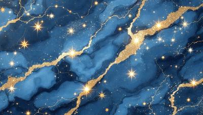 The primary subject of the image is a blue and gold starry background. The setting is a blue and gold starry background, which creates a unique and visually appealing environment. The visual style of the image is a combination of digital art and illustration, giving it a modern and artistic appearance. The dominant colors in the image are blue and gold, creating a sense of depth and sophistication.