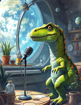 The primary subject of the image is a green dinosaur, possibly a T-Rex, sitting in front of a window and a microphone. The setting is indoors, with a window behind the dinosaur and a clock on the wall. The visual style is a combination of digital art and illustration, creating a unique and imaginative scene. The colors are predominantly green, which adds to the dinosaur's natural appearance. The overall atmosphere is light-hearted and whimsical, as the dinosaur appears to be engaging in a human activity, such as hosting a podcast or conducting an interview.