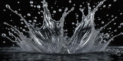 The primary subject of the image is a splash of water, which appears to be a close-up of a water drop or a water fountain. The setting is a dark background, which contrasts with the brightness of the water. The visual style is a black and white photo, giving the image a classic and timeless feel. The dominant colors are black and white, with the water being the main focus and the background being dark. The overall atmosphere of the image is dynamic and captivating, as the water splash creates a sense of movement and energy.