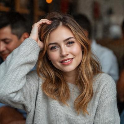 The primary subject of the image is a woman with long, blonde hair. She is wearing a grey sweater and has her hand on her head. The setting is a restaurant, with other people in the background. The visual style is a photo, and the colors and mood are warm and inviting.