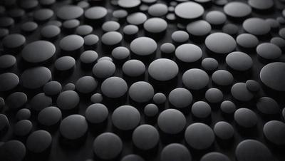 The primary subject of the image is a close-up of a black and white pattern of circles. The setting is a dark background, which contrasts with the circles. The visual style is a combination of a photo and a digital art, illustration, or drawing. The dominant colors are black and white, creating a classic and timeless atmosphere.