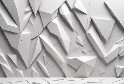 The primary subject of the image is a white wall with a unique design. The wall features a pattern of triangles, giving it a distinctive appearance. The setting is a room with a white background, which further emphasizes the wall's design. The visual style of the image is a combination of photo and digital art, creating a visually appealing and intriguing scene. The colors and mood of the image are predominantly white, giving it a clean and minimalist feel.