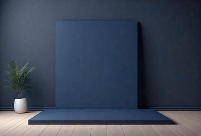 The primary subject of the image is a large blue canvas, which is prominently displayed on a wooden floor. The setting is a room with a wall, and the visual style appears to be a photo. The dominant colors in the image are blue and black, creating a calm and serene atmosphere.