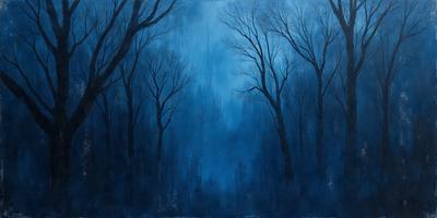 The primary subject of the image is a forest with a blue sky in the background. The setting is a dark, blue-tinged forest with trees and branches. The visual style is a painting, which gives the scene a more artistic and dramatic appearance. The colors and mood of the image are predominantly dark and moody, with the blue sky contrasting against the dark forest.