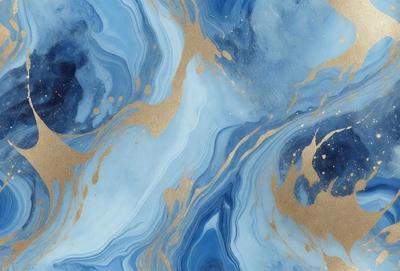 The primary subject of the image is a blue and gold painting featuring a blue background with gold swirls. The setting is a wall, and the visual style appears to be a painting or drawing. The dominant colors are blue and gold, creating a serene and elegant atmosphere.