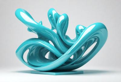 The primary subject of the image is a blue sculpture, which appears to be a piece of art. The sculpture is made of glass and has a unique design. The setting is a white background, which provides a clean and minimalist look to the image. The visual style is a close-up shot of the sculpture, highlighting its intricate details. The colors and mood of the image are predominantly blue, giving it a calm and serene atmosphere.