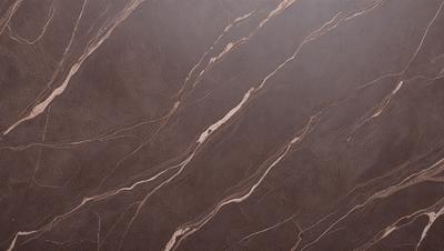The primary subject of the image is a marble countertop with a brown and white pattern. The setting is a kitchen, and the visual style is a close-up of the countertop. The colors and mood of the image are warm and natural, with the brown and white marble creating a sense of elegance and sophistication.