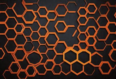 The primary subject of the image is a pattern of hexagons, which are arranged in a honeycomb-like structure. The setting is a black background, which contrasts with the orange honeycomb pattern. The visual style is a combination of digital art and illustration, creating a unique and eye-catching design. The dominant colors are orange and black, giving the image a bold and striking appearance.
