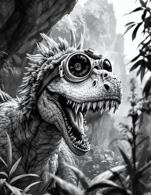 The primary subject of the image is a large, dinosaur-like creature with a mouth open, wearing goggles on its eyes. The setting is a jungle-like environment, with a rocky background. The visual style is a digital art or illustration, giving the image a unique and creative appearance. The dominant colors are green and brown, creating a natural and lush atmosphere.