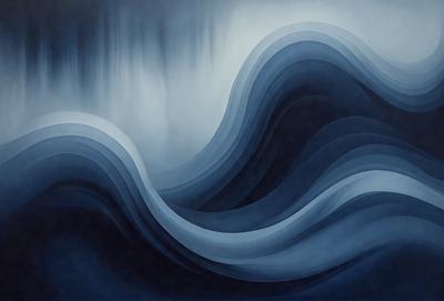 The primary subject of the image is a large, blue wave with a white and blue color scheme. The wave is depicted in a painting style, giving it a vibrant and dynamic appearance. The setting is a vast ocean, with the wave being the main focus of the scene. The visual style is a combination of artistic expression and realism, creating a captivating and engaging image.