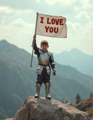 Primary subject: A young boy wearing a knight's costume and holding a flag.

Setting/background: A mountainous landscape with a rocky surface.

Visual style: The image is a photo of the young boy.

Colors and mood: The image has a warm and vibrant color palette, with the boy's costume and the flag adding a sense of adventure and playfulness to the scene.