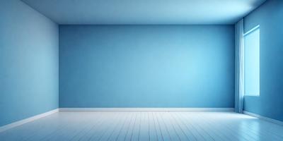 The primary subject of the image is a large, empty room with a blue wall. The setting is a white room with a blue wall, and the visual style is a photo. The colors and mood of the image are predominantly blue, creating a calm and serene atmosphere.
