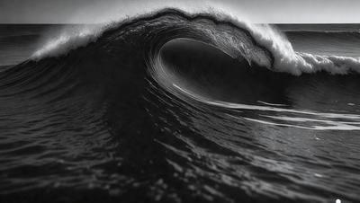 The primary subject of the image is a large wave in the ocean. The wave is crashing down, creating a powerful and dynamic scene. The setting is the ocean, with the wave being the main focus of the image. The visual style is a black and white photo, which adds a sense of drama and intensity to the scene. The dominant colors are black and white, with the wave being the main source of color and movement in the image.