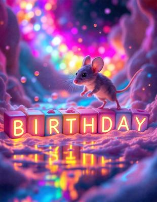 The primary subject of the image is a small mouse standing on top of a birthday cake. The mouse is positioned in the center of the cake, and the cake is placed on a surface that appears to be a mix of snow and ice. The visual style of the image is a combination of photo and digital art, creating a unique and festive atmosphere. The colors and mood of the image are predominantly pink and purple, which are often associated with birthdays and celebrations.