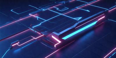 The primary subject of the image is a futuristic cityscape, featuring a blue and pink neon-lit environment. The setting is a blue background, and the visual style is a combination of digital art and illustration. The colors and mood of the image are vibrant and energetic, creating a sense of excitement and wonder.