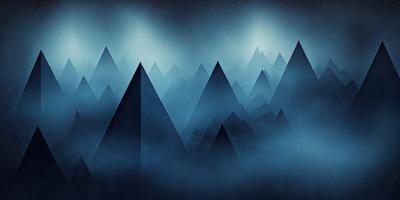 The primary subject of the image is a mountain range, with a total of 14 mountains visible in the scene. The setting is a dark, foggy sky, creating a moody atmosphere. The visual style is a combination of digital art and illustration, with the mountains and sky depicted in a detailed and artistic manner. The colors and mood of the image are predominantly dark and dramatic, with the mountains and sky serving as the main focus of the scene.