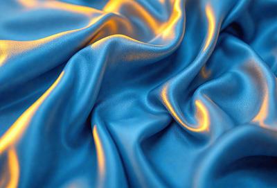 The primary subject of the image is a blue fabric, possibly a piece of silk, with a golden yellow hue. The setting is a close-up of the fabric, showcasing its texture and color. The visual style is a combination of a photo and digital art, creating a unique and eye-catching representation of the fabric. The dominant colors are blue and yellow, giving the image a vibrant and luminous atmosphere.