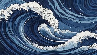 The primary subject of the image is a large wave in the ocean. The wave is blue and white, with a foamy texture. The setting is the ocean, and the visual style is a combination of digital art and illustration. The dominant colors are blue and white, creating a serene and powerful atmosphere.