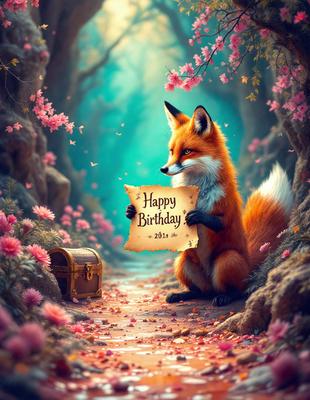 The primary subject of the image is a fox holding a sign that reads "Happy Birthday." The setting is a forest, with the fox standing on a path surrounded by flowers. The visual style is digital art, and the colors and mood are warm and celebratory.